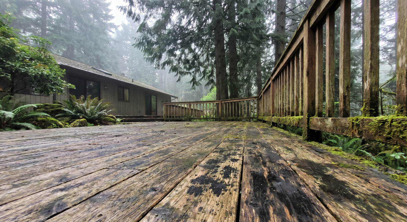 How to remove mold from deck boards: weathered Vancouver deck with dark mold staining and moss-covered wooden railing.