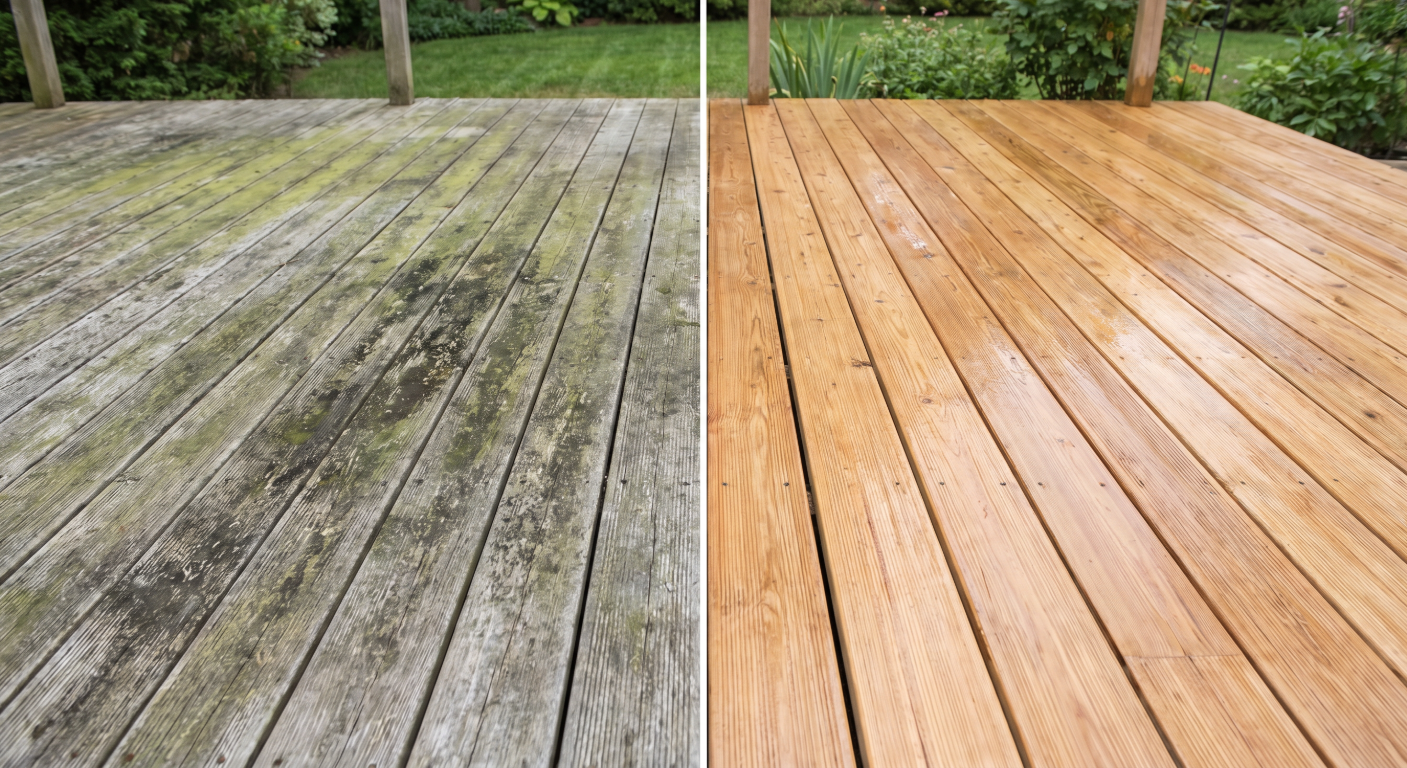 How to remove mold from deck boards: before-and-after of a moldy wood deck cleaned and restored.