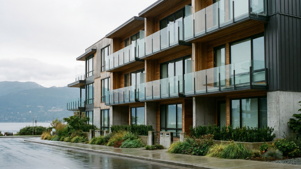 Squeegee and soapy foam during post-construction window cleaning, leaving a clean streak across the glass