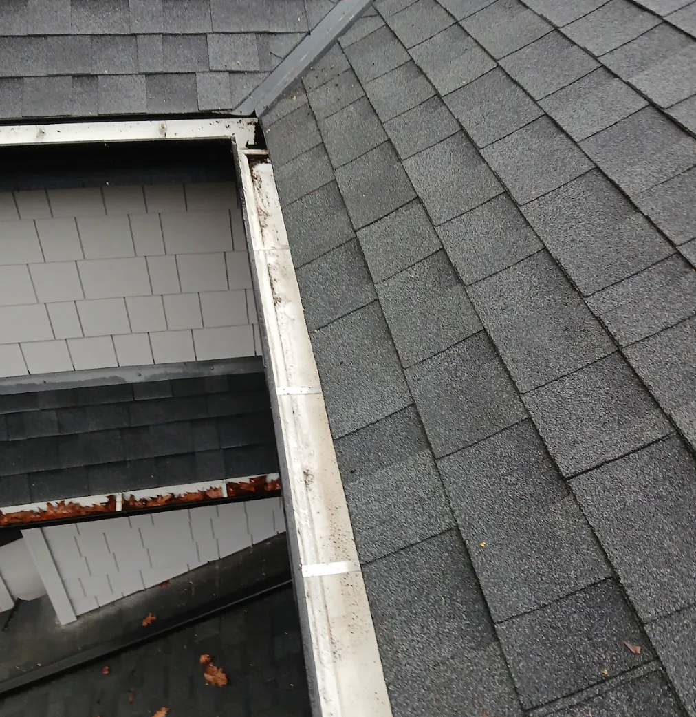 Gutter and eavestrough cleaning in Vancouver: a cleared gutter run seen from the roof after a WashTech clean