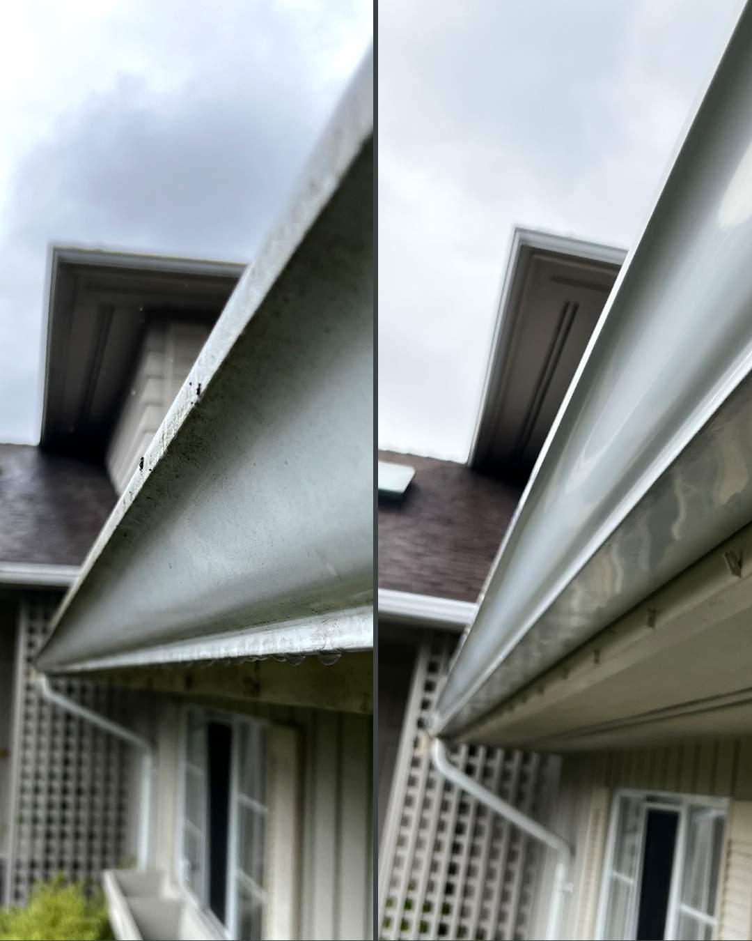 Gutter brightening before and after: tiger striping on a gutter's outside face, then the same gutter after brightening