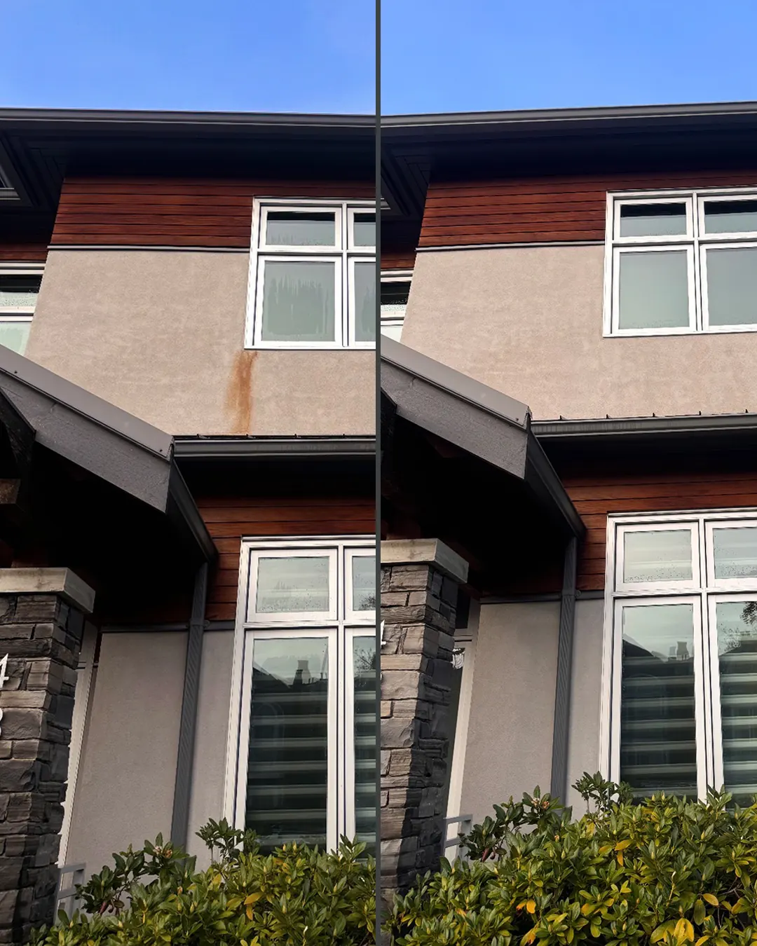 The same stucco and cedar house front before and after a WashTech soft wash, the rust streak under the upper window gone